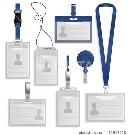 Badge ID. Realistic identification cards with holders and neck lanyards. Pass mockup for security. Press conference visitors accreditation tags set. Vector access papers hanging on tape 81917928