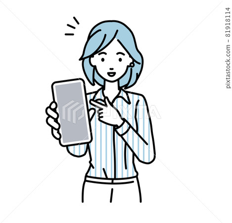一個穿襯衫的女人站著指著她的智能手機 一個穿襯衫的女人站著指著她的智能手機 81918114