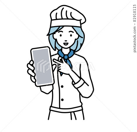 一個廚師女人站著指著她的智能手機 一個廚師女人站著指著她的智能手機 81918115