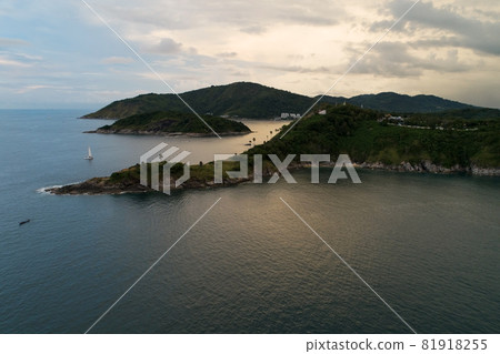 Aerial view drone shot of laem promthep cape Beautiful scenery andaman sea in summer season Amazing sunset twilight over sea Phuket thailand 81918255