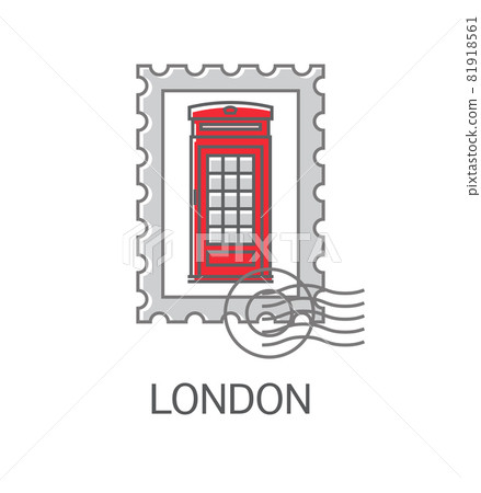 Vector illustration of a postage stamp with red phone booth. Linear icon isolated on white background. Symbol of England. Editable stroke Vector illustration of a postage stamp with red phone booth. Linear icon isolated on white background. Symbol of England. Editable stroke 81918561