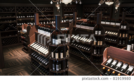 Wine store interior. Wine bottles in the wine store. Shelves with wine bottles. 3d illustration Wine store interior. Wine bottles in the wine store. Shelves with wine bottles. 3d illustration 81919980