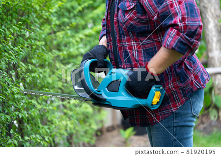 Gardener holding electric hedge trimmer to cut the treetop in garden. Hobby planting home garden. 81920195