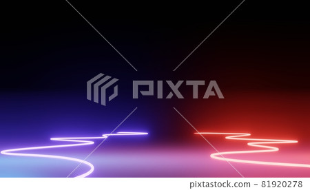 3d render of RGB neon light on darkness background. Abstract Laser lines show at night. Ultraviolet spectrum beam scene 81920278