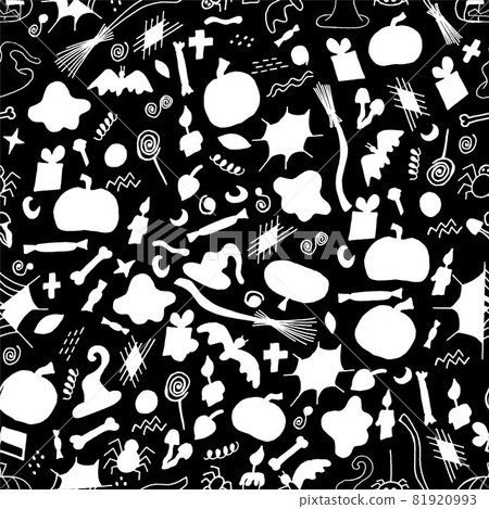 Halloween with pumpkin and anticipation. Seamless background with elements for the holiday halloween. Doodle illustration, fabric design, wrapping or background. Black and white. Halloween with pumpkin and anticipation. Seamless background with elements for the holiday halloween. Doodle illustration, fabric design, wrapping or background. Black and white. 81920993