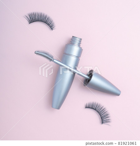 Mascara for eyelashes. Creative advertising photography. Aesthetics and minimalism. Layout top view. Mascara for eyelashes. Creative advertising photography. Aesthetics and minimalism. Layout top view. 81921061