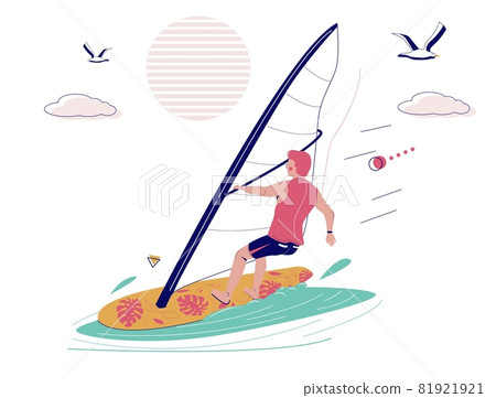 Man riding windsurfing board with sail, vector illustration. Windsurfing, extreme water sport. Summer beach activities. Man riding windsurfing board with sail, vector illustration. Windsurfing, extreme water sport. Summer beach activities. 81921921