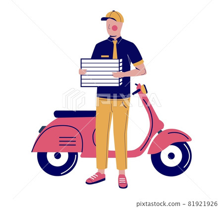 Delivery man with pizza boxes standing in front of motor scooter, vector illustration. Pizza delivery concept. Delivery man with pizza boxes standing in front of motor scooter, vector illustration. Pizza delivery concept. 81921926