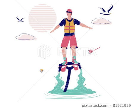 Man flying on flyboard, vector illustration. Flyboarding, extreme water sports, beach activities. Flyboard water jetpack 81921939