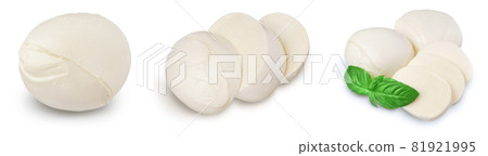 Mozzarella cheese sliced with basil leaf isolated on white background . Set or collection Mozzarella cheese sliced with basil leaf isolated on white background . Set or collection 81921995