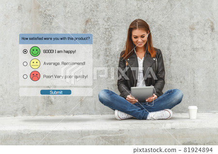 Online customer service satisfaction survey on a smartphone. Customer experience concept. Online customer service satisfaction survey on a smartphone. Customer experience concept. 81924894