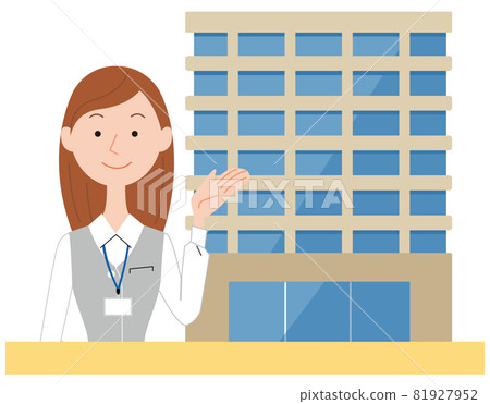 A receptionist woman in her 20s and an office building 81927952