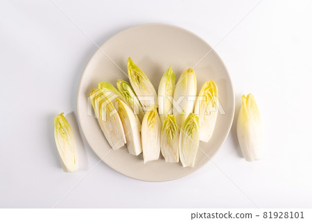 endive on plate top view on white background, salad chicory roots, healthy organic food concept endive on plate top view on white background, salad chicory roots, healthy organic food concept 81928101