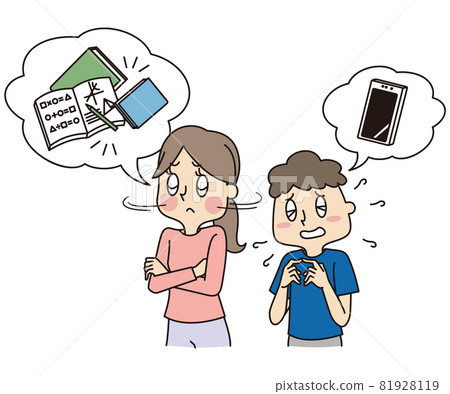 想和想要智能手機的男孩一起學習的媽媽 81928119