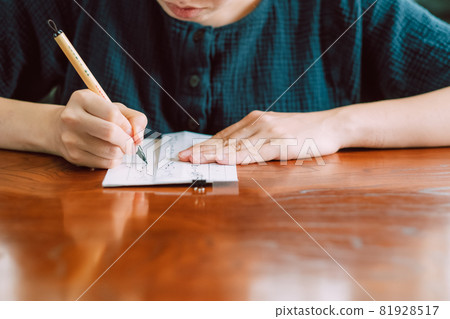 Japanese woman practicing penmanship, hard brush, brush pen Japanese woman practicing penmanship, hard brush, brush pen 81928517