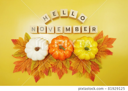 Hello November alphabet letter with pumpkin and maple leaves decoration on yellow background Hello November alphabet letter with pumpkin and maple leaves decoration on yellow background 81929125