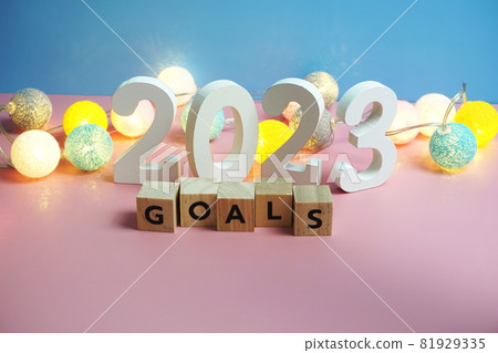 Goals 2023 word alphabet letters on blue and pink background 81929335