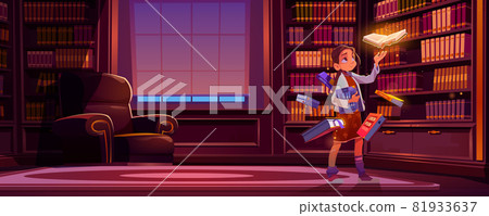 Girl with flying books with magic glow in library - Stock Illustration  [81933637] - PIXTA