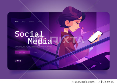 Social media cartoon landing, woman with cellphone Social media cartoon landing, woman with cellphone 81933640