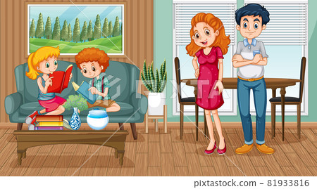 Happy family in the living room scene 81933816