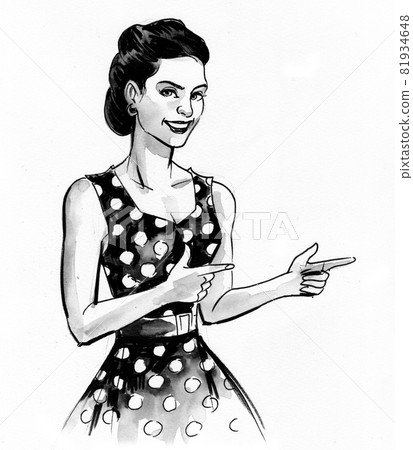Pretty woman pointing right. Ink black and white drawing Pretty woman pointing right. Ink black and white drawing 81934648
