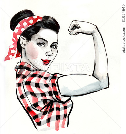 Strong female worker. Ink and watercolor drawing 81934649