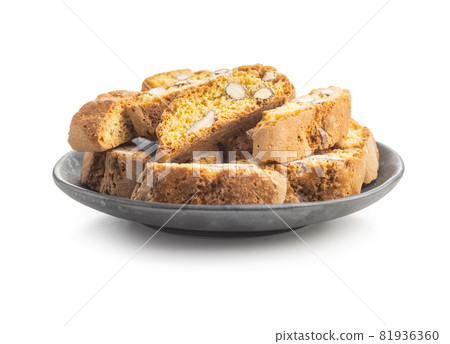 Italian cantuccini cookies on plate. Sweet dried biscuits with almonds. 81936360