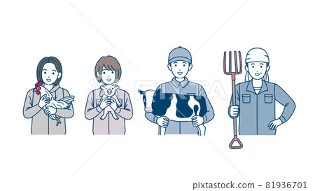 Livestock agriculture, dairy farming, poultry farming, pig farming, men and women, illustration material 81936701