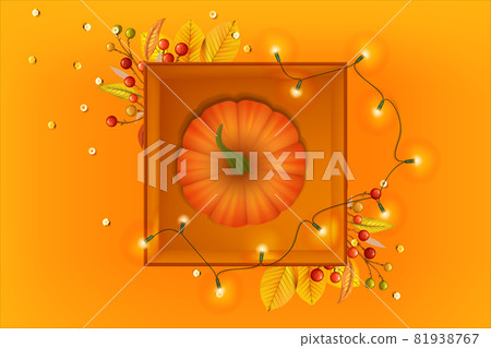 Orange pumpkin and gift box with garland on orange background. Happy Thanksgiving. Autumn wallpaper. Fall background. Pumpkin harvest Orange pumpkin and gift box with garland on orange background. Happy Thanksgiving. Autumn wallpaper. Fall background. Pumpkin harvest 81938767