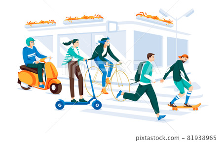 A set of characters riding an electric vehicle. People run, use scooters, bicycles, skateboards, electric scooters. Environmentally friendly transport for city dwellers. Cartoon flat vector illustrati A set of characters riding an electric vehicle. People run, use scooters, bicycles, skateboards, electric scooters. Environmentally friendly transport for city dwellers. Cartoon flat vector illustrati 81938965