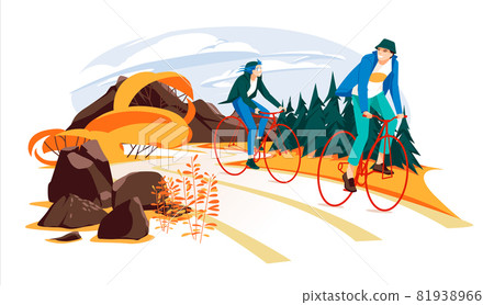 A couple is cycling along a rural road. Autumn. The guy and the girl spend their free time actively riding bicycles. Cartoon flat vector illustration. Coniferous forest and mountains.  81938966
