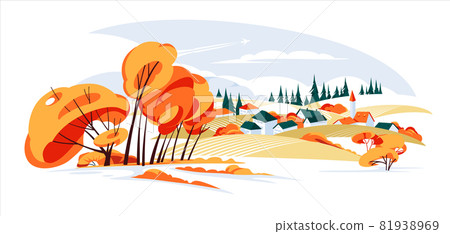 panorama landscapes of countryside in autumn, mid autumn panorama with farm fields, hills, catholic church, wild grass and leaves falling from trees in yellow foliage. Coniferous forest. Cartoon flat  81938969