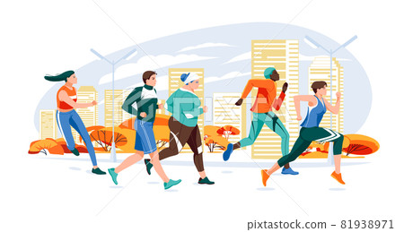 Marathon racing group - flat cartoon modern vector illustration of running men and women in autumn city. Marathon race, 5k running, sprint. Creative landing page design template, web banner Marathon racing group - flat cartoon modern vector illustration of running men and women in autumn city. Marathon race, 5k running, sprint. Creative landing page design template, web banner 81938971