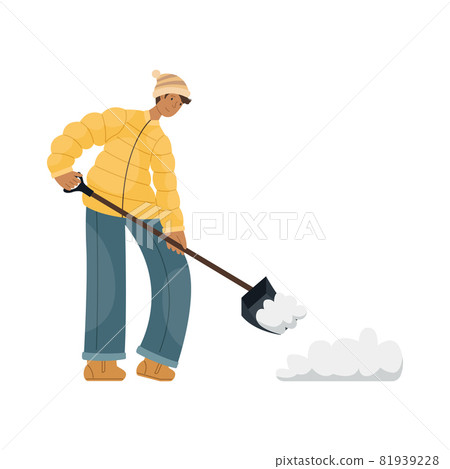 Vector illustration of a man in winter clothes cleaning snow on the street. Vector illustration of a man in winter clothes cleaning snow on the street. 81939228