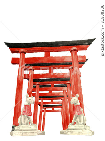 稻荷神社與鳥居一字排開 [手繪水彩] 白色背景 可複制空間 81939236