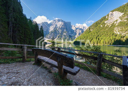 Lake Braies and Mountain Peak of Croda del Becco - Trentino Italy 81939734