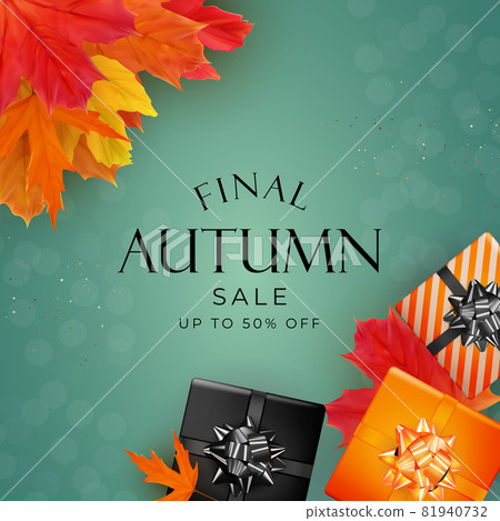 Shiny Autumn Leaves Sale Banner. Business Discount Card. Vector Illustration Shiny Autumn Leaves Sale Banner. Business Discount Card. Vector Illustration 81940732