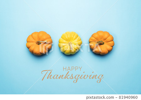 Happy Thanksgiving Day with pumpkin and nut on blue background 81940960