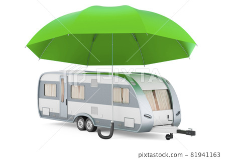 Travel trailer under umbrella, 3D rendering Travel trailer under umbrella, 3D rendering 81941163