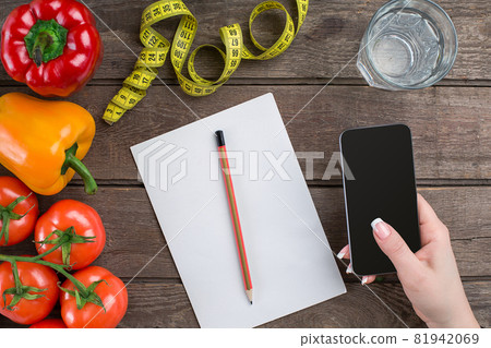 oncept diet, slimming plan with vegetables top view mock up 81942069