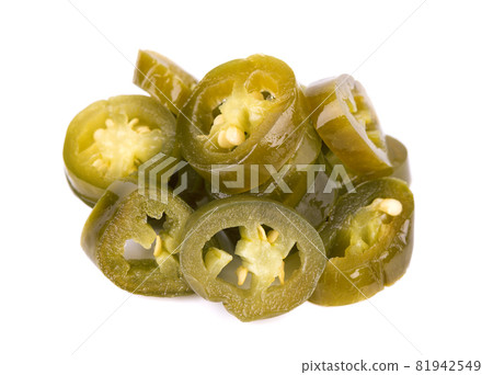 Pickled jalapeno pepper isolated on white background. Slices of preserved hot serrano. 81942549