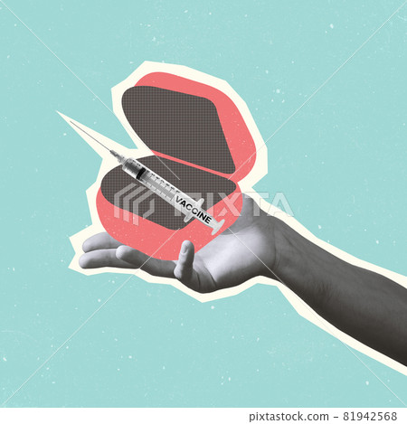 Contemporary art collage. Hand with syringe with the vaccine making offer. Concept oh healthy lifestyle, safety, treatment, medicine, post-pandemic life 81942568