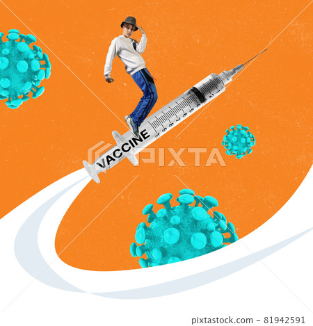Contemporary art collage. Young stulish man, hipster flying on syringe with the vaccine among coronavirus cells. Concept oh healthy lifestyle, safety, medicine, post-pandemic life Contemporary art collage. Young stulish man, hipster flying on syringe with the vaccine among coronavirus cells. Concept oh healthy lifestyle, safety, medicine, post-pandemic life 81942591