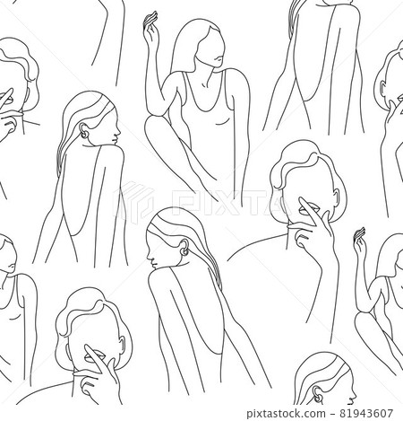 Vector seamless pattern. Continuous line art with woman faces, bodies. Linear nature background. Use for package, cosmetics, decor. Fashion concept 81943607
