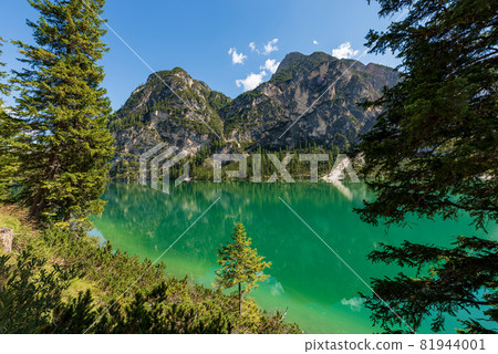 Lago di Braies or Pragser Wildsee - Small Alpine Lake in Trentino Italy 81944001