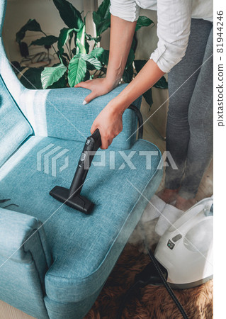 Hand cleaning a armchair with steam cleaner, Home cleaning conce 81944246