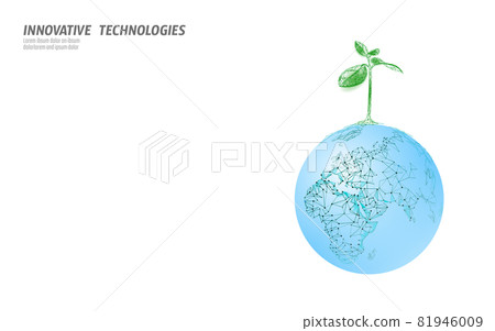 Plant sprout ecological abstract concept. 3D render seedling tree leaves. Save planet Earth nature environment grow life eco polygon triangles low poly vector illustration 81946009