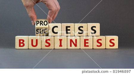 Success business process symbol. Businessman turns wooden cubes and changes the word 'success business process'. Beautiful grey background, copy space. Business, success process concept. 81946897