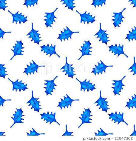 XMAS watercolor Poinsettia Seamless Pattern in Blue Color. Hand Painted fir tree background or wallpaper for Ornament, Wrapping or Christmas Gift 81947308