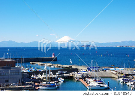 冬天在阿布造港（神奈川縣葉山町）上眺望富士山和江之島 81948543
